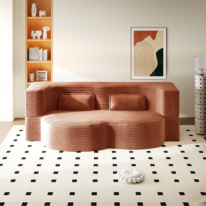 78” Floor Sleeper Sofa Bed Modern 2 in 1 Full Size Foldable Mattress with 2 Pillows Convertible Boneless Couch with Deep Seat for Living Room No Assembly Required (Orange &amp Corduroy) | No Assem