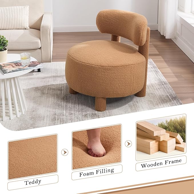 Modern Armless Accent Chair Comfortable Upholstered Living Room Chair with Curved Backrest and Solid Wooden Legs Bedroom Reading Chair Entrance Dressing Table Apartmen (Khaki + Teddy)