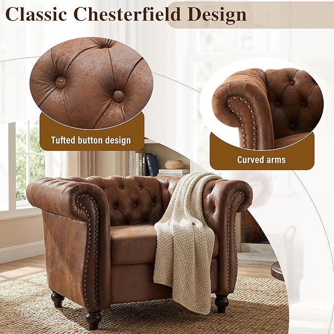 Mid-Century Modern Club Chair with Scrolled Arms Tufted Upholstered Rolled Armchair with Nailhead Trim and Solid Wood Legs for Home Bedroom Reading Room (Dark Brown87)