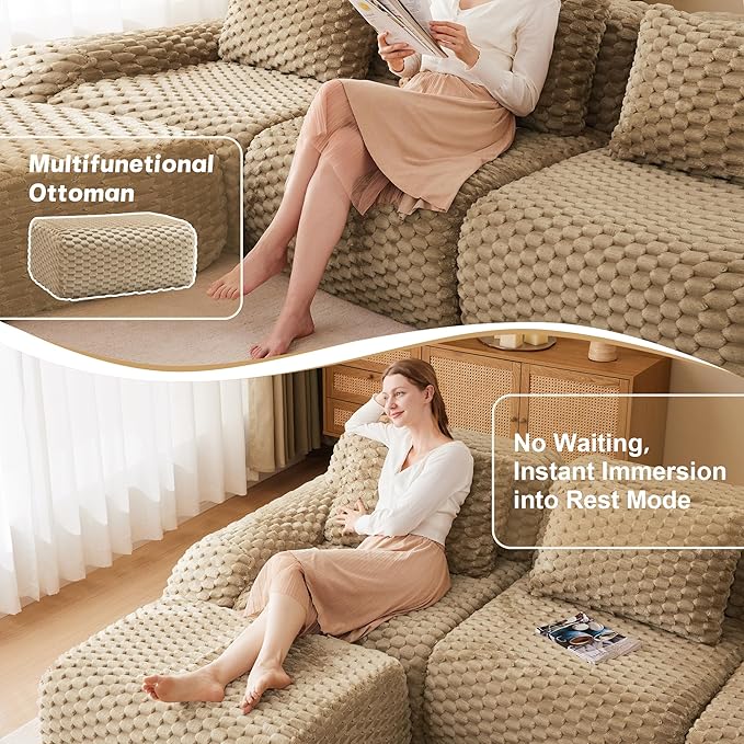146 Boneless Couches for Living Room Oversized U-Shaped Couch with Buckle Connection Anti-slip Design Flannelette Fabric Modular Sectional Sofa with Deep Seat (Light Camel 4 Seat + 2 Ottoman)
