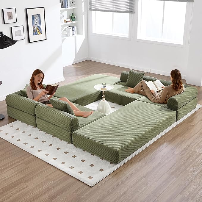 10-in-1 Folding Convertible Sofa Bed 141 Inch Boneless Couch with Fixed-Shape Frame Corduroy Modular Sectional Sofa Mattress Sleeper Sofa Floor Sofa Futon Couch for Living Room (Green)