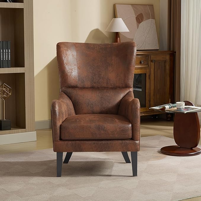 Mid-Century Modern Wingback Chairs Accent Club Chair with Nailhead Trim Faux Leather Armchair Sofa Reading for Living Room Single Sofa Armchair Office