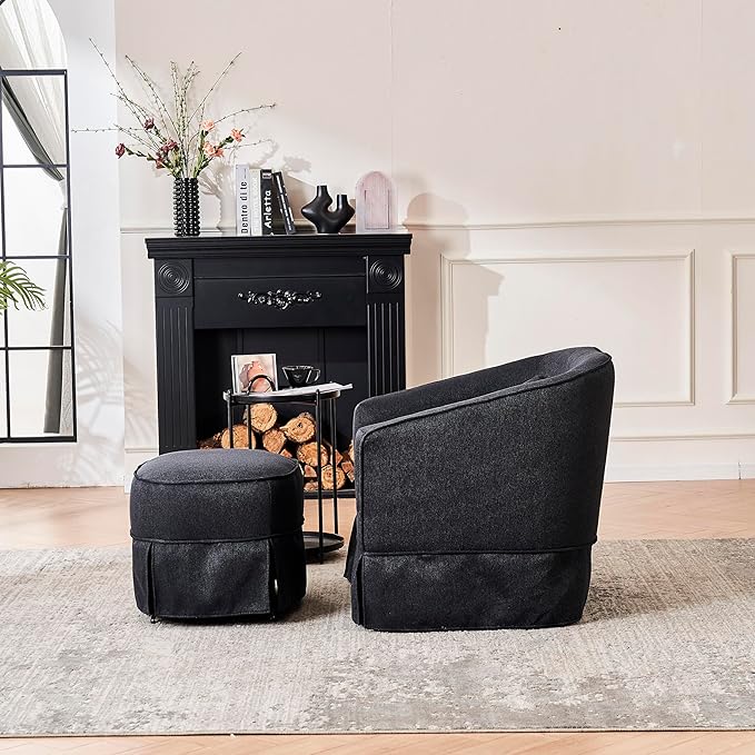 360-Degree Swivel Barrel Chair with OttomanModern Accent ChairComfortable ArmchairsReading Chairs for Living RoomOfficeReception AreaBlack
