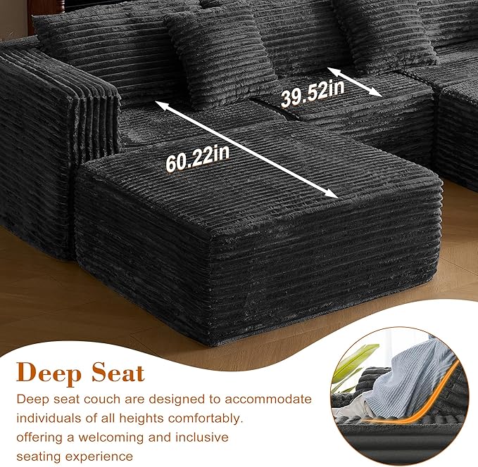 110 Corduroy Modular Sectional Boneless Sofa with 2 Ottomans Convertible Cloud Couch with Deep Seats Fluffy Memory Foam U Shaped Couch for Living Room No Assembly Required (Black)