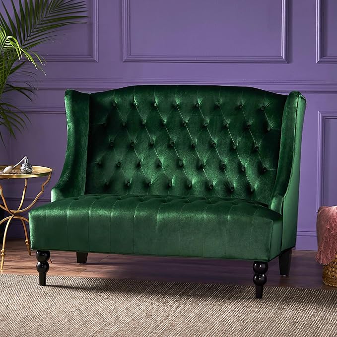 Modern Tufted Velvet Wingback Loveseat Tufted Velvet 2 Seat Couch Sofas with High Back Thick Padded Cushioned Seats for Living Room Victorian Style Emerald