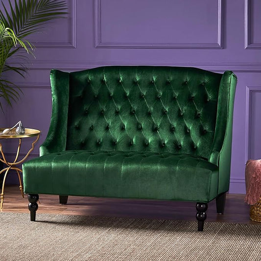Modern Tufted Velvet Wingback Loveseat Tufted Velvet 2 Seat Couch Sofas with High Back Thick Padded Cushioned Seats for Living Room Victorian Style Emerald
