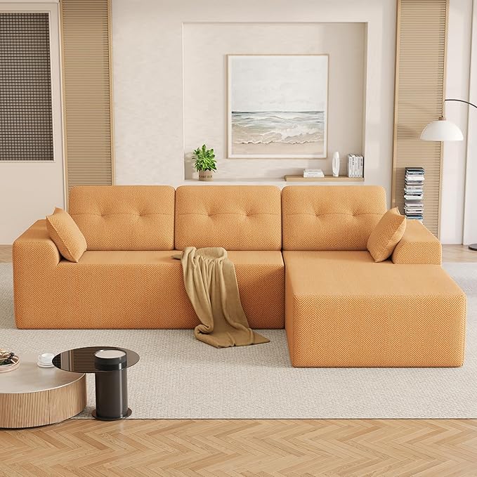 Ball &amp Cast 106 Cloud Modular Sectional Sofa Boneless Chenille Couch with Deep Seat Comfy L-Shaped Sectional Modern Upholstered Sofa for Living Room No Assembly (Orange Right Facing Chaise)