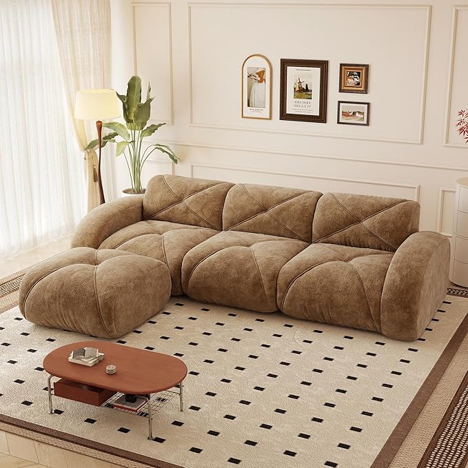 110.6 L Shaped Boneless Couch Modern 3 Seater Modular Sectional Sofa Convertible Velvet Modular Cloud Sofa with Ottoman &amp Deep Seat Free Combination Upholstered Couches for Living Room Camel