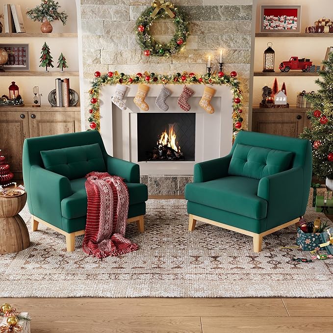 LINSY Large Accent Chair Set of 2 Velvet Reading Chair with Rubberwood Base Armchair with Lumbar Pillow Cozy Single Sofa Chair for Reading Room Apartment Living Room Bedroom Office Green