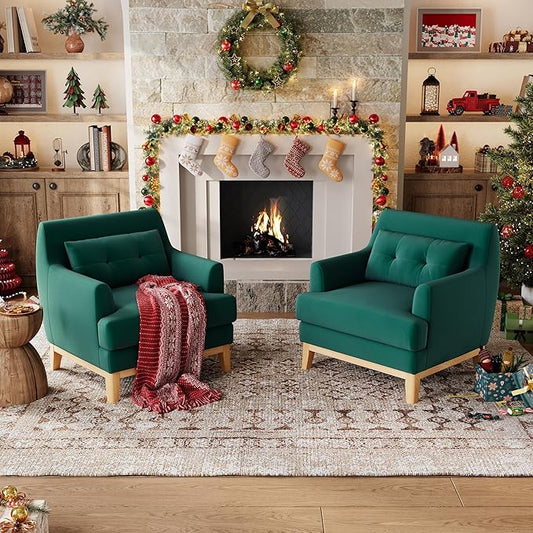 LINSY Large Accent Chair Set of 2 Velvet Reading Chair with Rubberwood Base Armchair with Lumbar Pillow Cozy Single Sofa Chair for Reading Room Apartment Living Room Bedroom Office Green