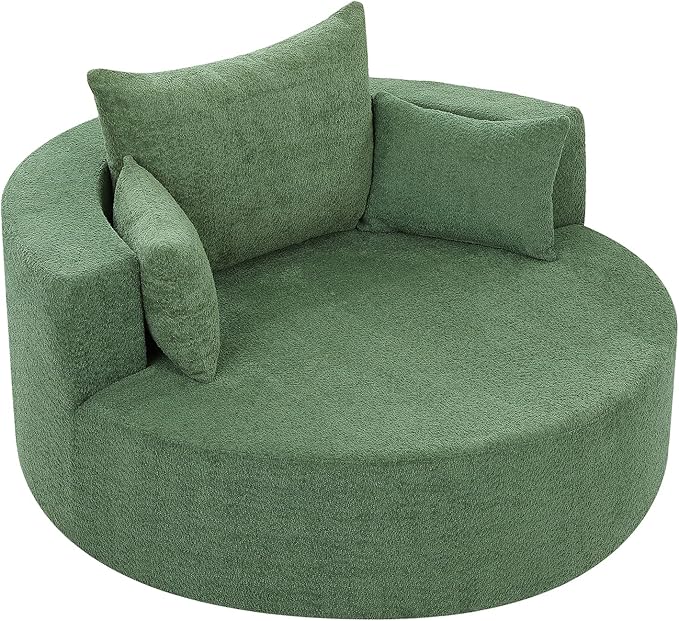 360° Swivel Barrel Chair Oversized Upholstered Swivel Chairs for Living RoomModern Chenille Fabric Club Chair55 Large Round Accent Chair with 3 Pillows for BedroomOffice (Green 55-Inch)