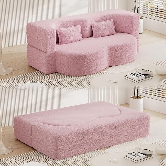 Floor Sofa Futon Cloud Couch Convertible Sofa Bed with 2 Pillows Teddy Fabric Foam-Filled Loveseat Sleeper Sofa Couches for Living Room 15 Full Size Folding Mattress No Assembly Required (Pink)