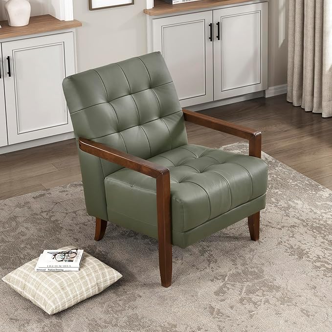 Lexicon Modern Accent Chair Luxury Genuine Leather Match Living Room Chair with Tufted Cushions Solid Wood Frame and Arm Rest Comfy Upholstered Single Seat for Bedroom/Reading/Office Green
