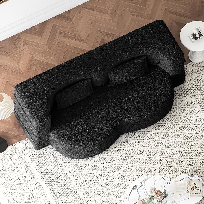 Modern Floor Sofa 78 Convertible Folding Sofa Bed with 2 Pillow Teddy Fabric Foam-Filled Mattress Sleeper for Living Room Guest Bed Playroom No Assembly Required Black