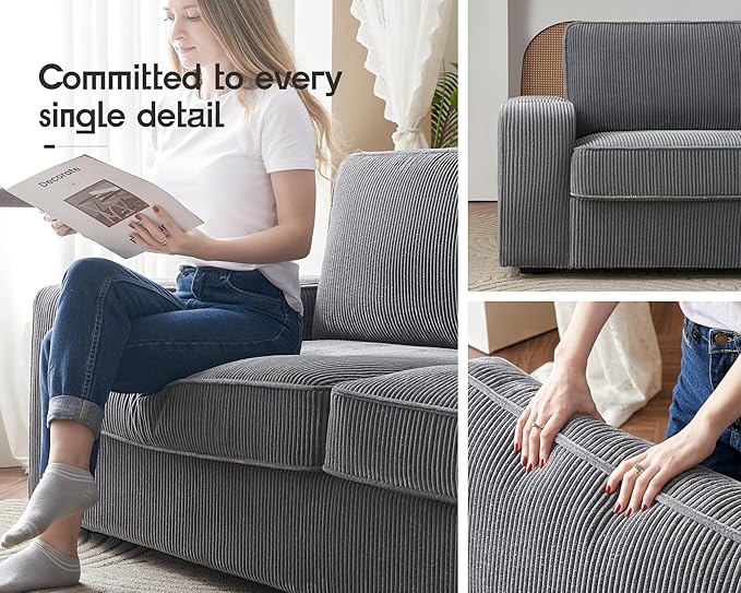 VanAcc Sofa Comfy Couch- Deep Seat Sofa Modern Couch with Cup Holders &amp USB Charging Ports Sofa Chair for Living Room(Ash Grey Corduroy)