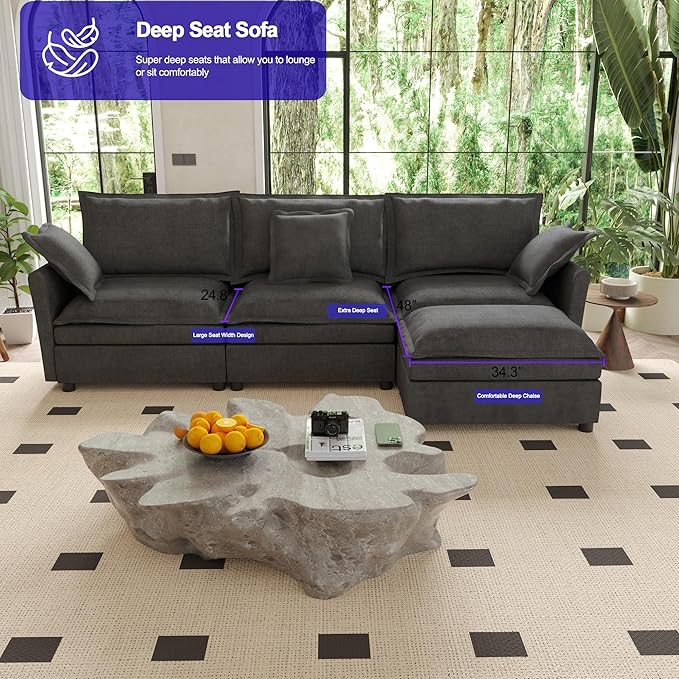 112 Inch Dark Grey Cloud Sectional Couch - Wide Pillow Edge Chenille Comfy Upholstered 3 Seater Modular Sofa with Ottoman L Shaped Couches for Living Room Apartment Office