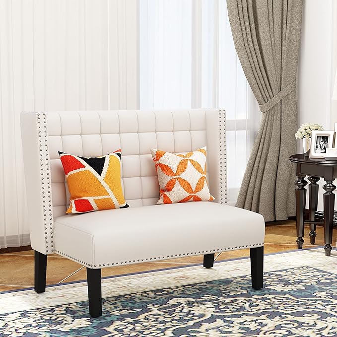 Tongli 46 Small Modern Loveseat Settee Sofa 2-Seat Sofa Couch Tufted Love Seat Dining Bench with Nail Head Trim Back Banquette Sofas for Living Room Small Space Entryway HallwayWhite
