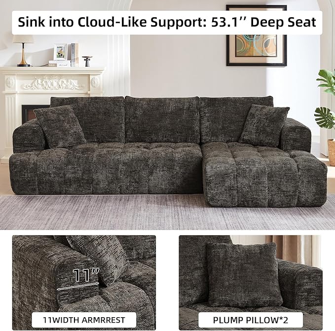 110 Inch Cloud Sectional CouchModern Upholstered Sofa with Deep SeatChenille Boneless Couches with L-Shape ChaiseSponge Compressed Couches for Living Room (Brown Right Facing Chaise)