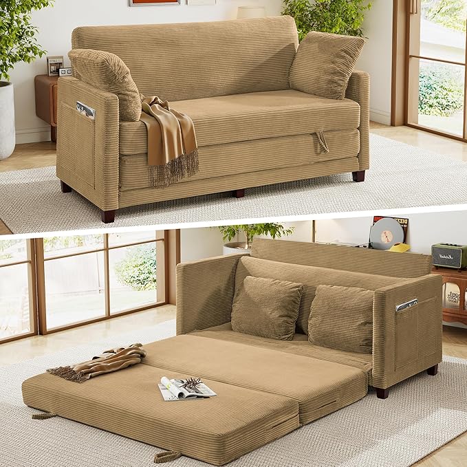 65 Loveseat Sleeper Sofa Bed Corduroy Convertible Sofa Bed for Small Spaces Folding Couch Bed with Deep Seat 2 Pillows &amp Solid Frame Pull Out Floor Couches for Living Room Brown