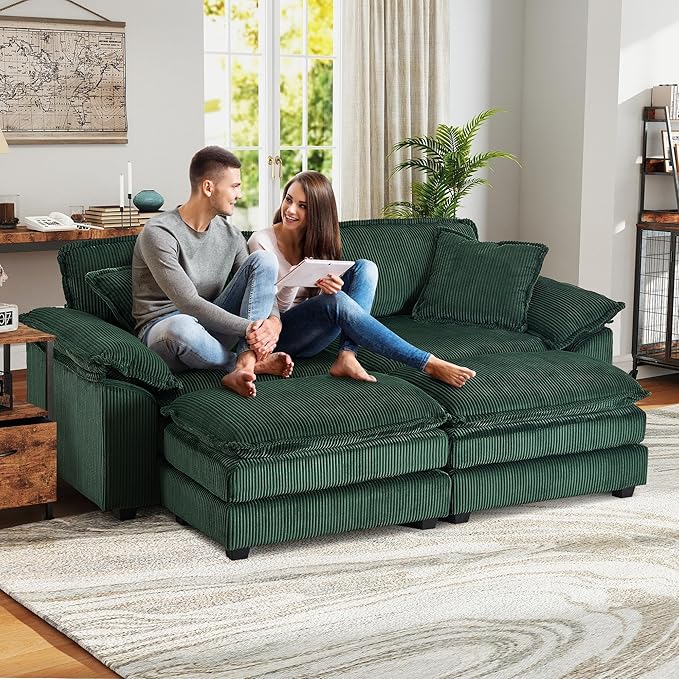 80.5'' Modular Sectional Sofa Cloud Couch Comfy Corduroy Double-Upholstered Sleeper Sofa Loveseat Sofa with Moveable Ottoman 2 Pillows and Detachable Armrest for Living Room Green