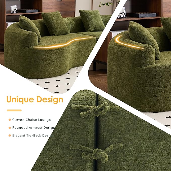Modern Curved Boneless Sofa 110 Compression Modular Chenille High-Density Sponge Sectional Couch with 4 Seats No Assembly Required Lounge Sleeper Sofa for Living Room Apartment (Green)