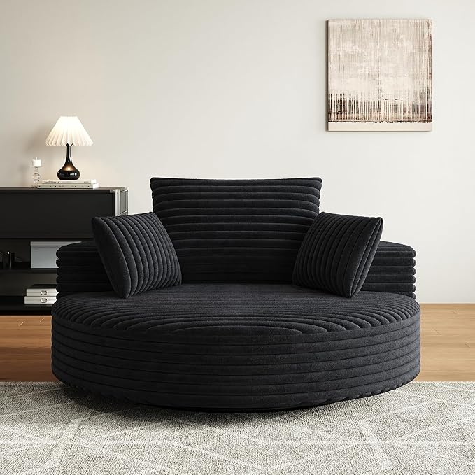 TTK 55” Oversized Corduroy Swivel Chair Fluffy 360° Rotating Sleeper Armchair with Pillows &amp Headrest Full Foam Barrel Chair for Living Room Bedroom Reading Nook Lounge or ApartmentBlack
