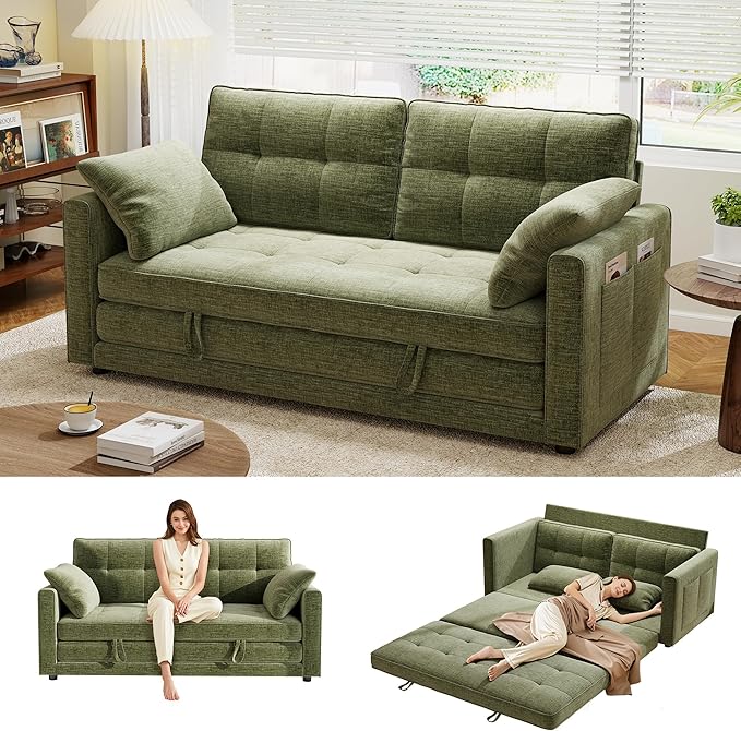 65 Convertible Folding Sofa Bed Pull Out Couch Love Seat Sleeper Bed Small Fold Out Loveseat Sleeper with Cup Holder and Pillow for Small Space Bedroom Lounge Dorm Living Room(Green)