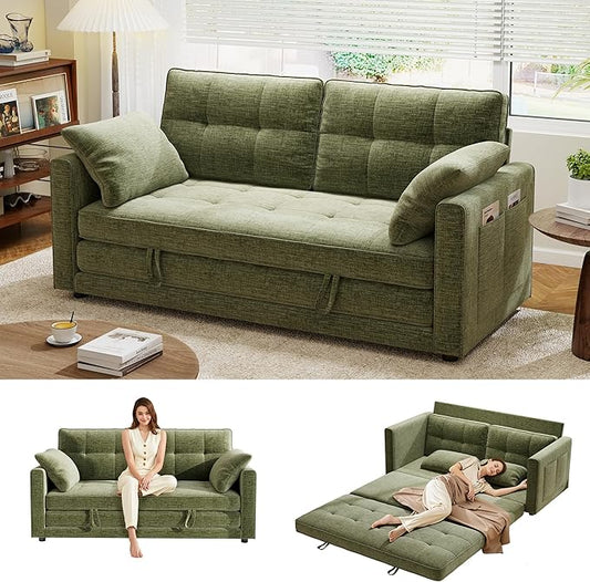 65 Convertible Folding Sofa Bed Pull Out Couch Love Seat Sleeper Bed Small Fold Out Loveseat Sleeper with Cup Holder and Pillow for Small Space Bedroom Lounge Dorm Living Room(Green)