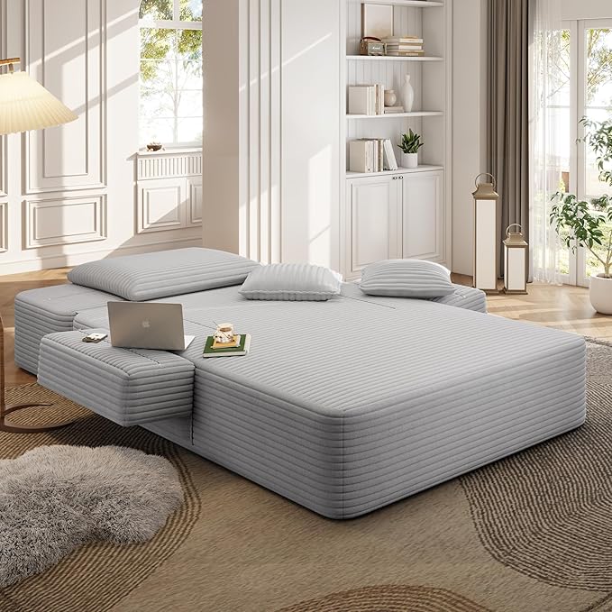 70W Oversized Chaise Lounge Chair Indoor with Adjustable Backrest &ampStorage 2 in 1 Convertible Sleeper Sofa Bed Compression Foam Boneless Couch for Living Room Bedroom Plush Corduroy Light Grey
