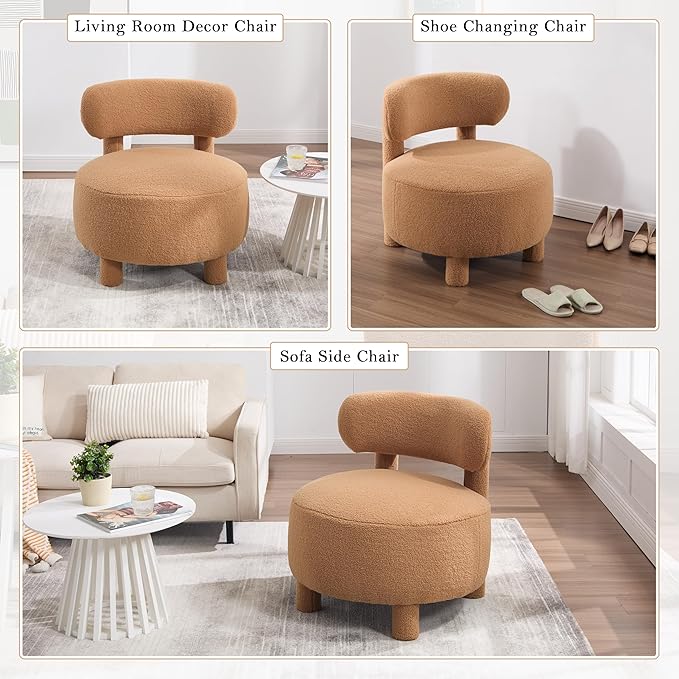 Dgcoab Upholstered Club Chair Curved Back Accent Single Sofa Solid Wood Legs Comfort Single Reading Lounge Sofa Boucle Accent Chair for Living Reading Bedroom Brown