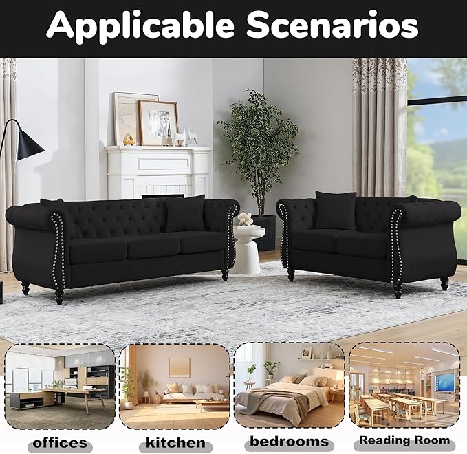 2 Piece Modern Black Velvet 80 3-Seater and 59 Loveseat Sofa Sets Chesterfield Tufted Combination Couch with 4 Pillows 8 Rolled Nailhead Arms Sofa for Living Room