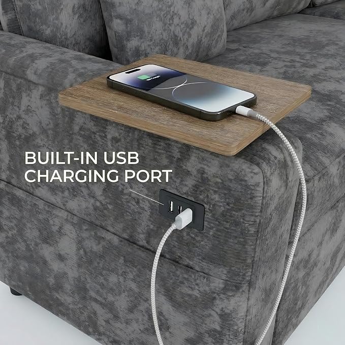 81 Modular Sectional Sofa L Shaped 5-Seater Sleeper Sofa with Pull Out Bed Hidden Storage Cup Holders &amp USB Charging Ports Sectional Couches for Living Room Chenille Grey