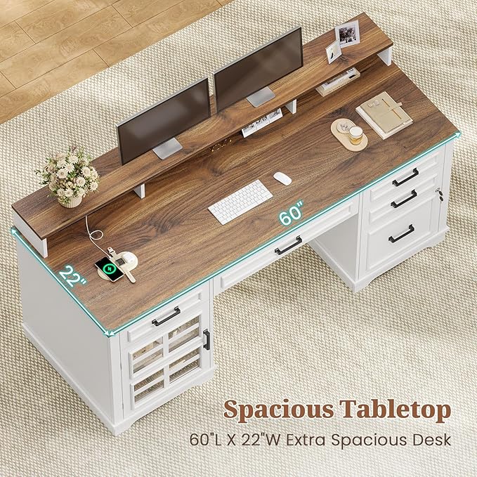 60'' Farmhouse Executive Desk with Drawers Home Office Desk with Power Outlet &amp LED Light Wood Computer Desk with Monitor Stand Locking File Drawer Glass Storage Cabinet Hooks White