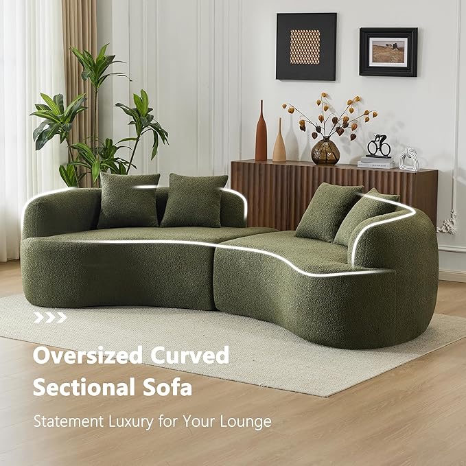 106.7 Modern Curved Oversized Sectional Sofa Minimalist Modular Cloud Couch with 4 Throw Pillows Luxury 4-Seater Extra Deep &amp Wide Seat Sofa in Soft Teddy Fabric Olive Green