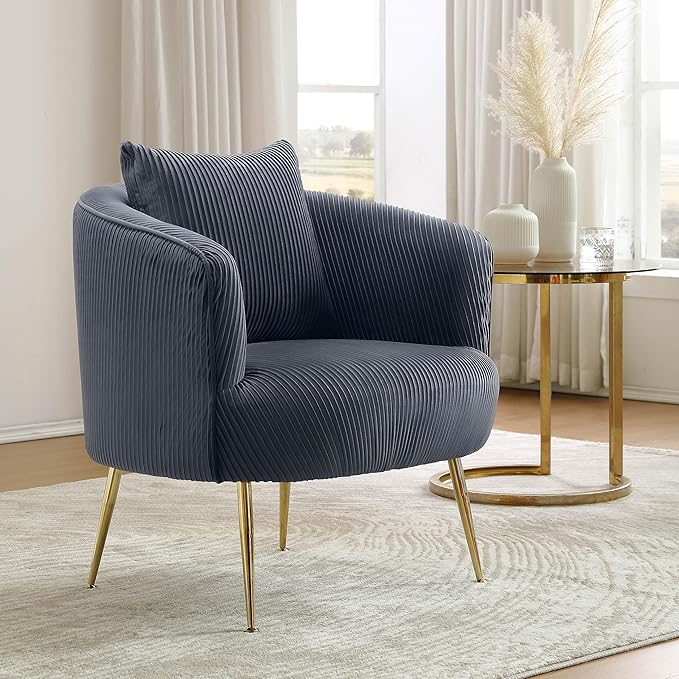 Art Leon Velvet Accent Chair Upholstered Modern Single Sofa Chair Comfy Barrel Chair with Golden Metal Legs for Living Room Bedroom Gray