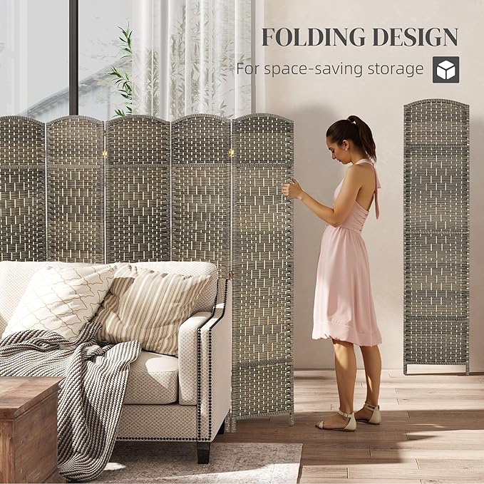 HOMCOM Room Divider 6 Ft 6 Panel Folding Privacy Screen Hand-Woven PP Wall Partition with Pine Wood Frame Freestanding Room Separator for Bedroom Home Office No Assembly Dark Rustic Oak