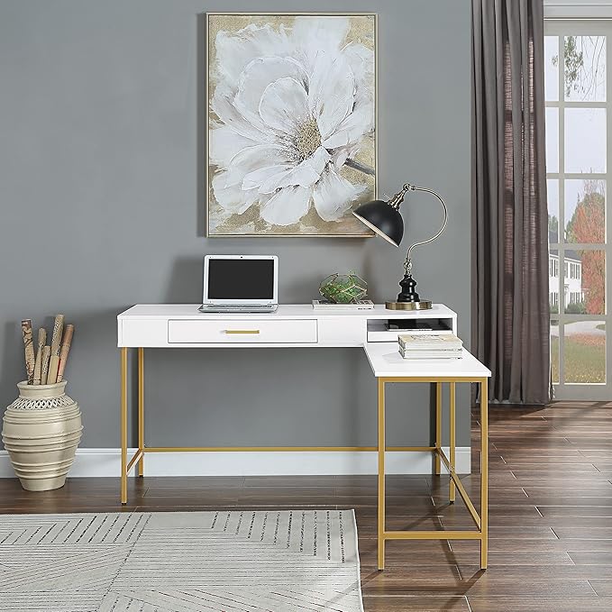 OSP Home Furnishings Modern Life Contemporary L-Shaped Desk with Large Drawer and Built-in Power Charging Port White