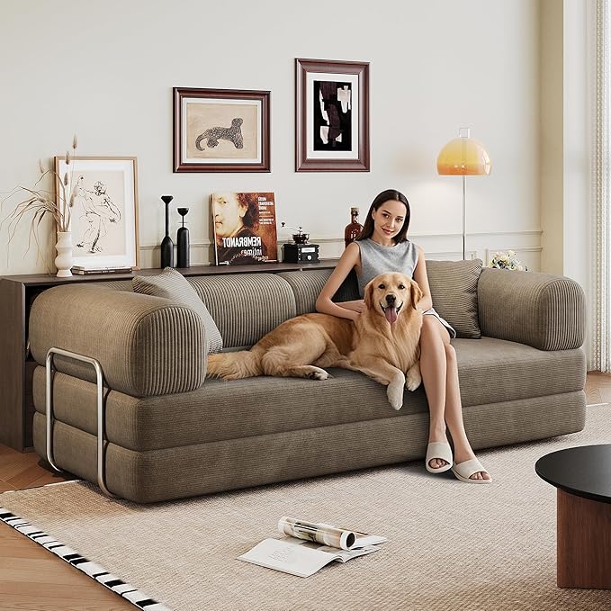 KEIKI 78.8 inch Compression Sofa Convertible Floor Sofa Bed Comfy Futon Couch Sleeper Bed Corduroy Folding Loveseats for Living Room Camel