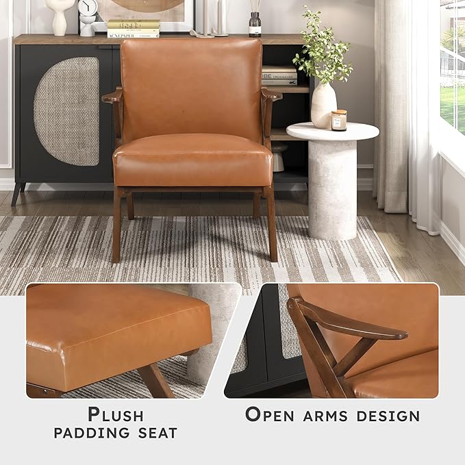Lexicon Mid Century Modern Accent Chair Faux Leather Upholstered Lounge Seat Brown Finish Solid Wood Framed Comfy Side Chair for Living Room/Bedroom/Office/Waiting Area Brown