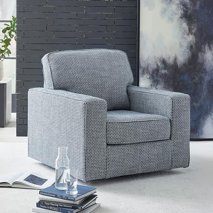 Signature Design by Ashley Olwenburg Casual Swivel Accent Chair with Track Arms Metal Swivel Base and Removable Cushions Blue