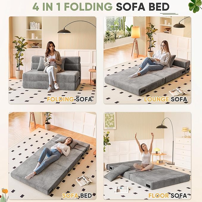 Homall Folding Sofa Bed Floor Couch Convertible Sleeper Chair with Pillow Comfy Futon Lounge Sofas Portable Fold Out Chair Bed for Living Room Small Space (Corduroy Slate Grey)