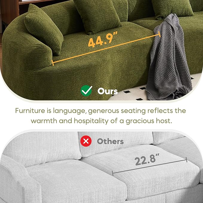 Yoglad 110‘’ Boneless Curved Sofa Modern Cloud 4-Seater Floor Couch Minimalist Compression Sofa for Living Room Apartment Studio Office No Assembly Needed(Chenille Green)
