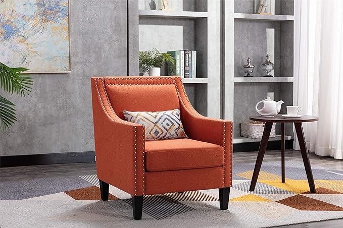 Accent Armchair Living Room Chair with Nailheads and Solid Wood Legs Orange Linen
