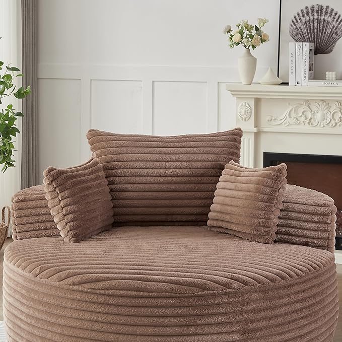 KEIKI 55 Oversized 360 Degree Swivel Chair Large Barrel Chairs Upholstered Round Swivel Chair Corduroy Single Sofa Armchair Sleeper Chair for Living Room Lounge Brown