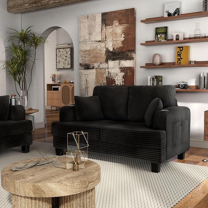 Homes: Inside + Out Reese Modern Plush Chenille Comfortable Loveseat with Side Pockets Cup Holders and Pillows Wooden Soft Couch for Living Room Bedroom and Office Black