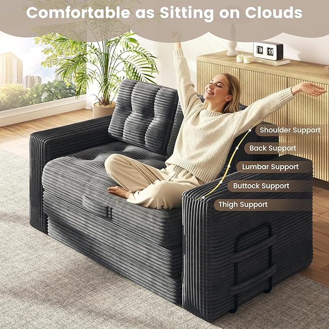 Convertible Sofa Bed 2 in 1 Boneless Couch Bed with 2 Pillows Corduroy Pull out Couch Folding Sofa Bed with Deep Seat Small Loveseat Sleeper Sofa Bed in a Box for Small Spaces No Assembly Required