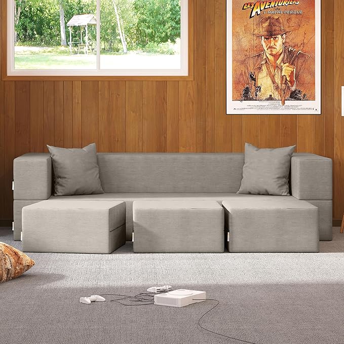 Jaxx Zipline Convertible Sleeper Sofa &amp Three Ottomans/California King-Size Bed Dove Grey