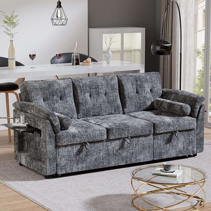 Convertible Queen Sofa Bed 63 Inch Chenille Pull Out Couch with Side Table 3 Seat Pull Out Sofa Bed with Level Adjustable Backrest Comfy Sleeper Sofas for Living Room Apartment Gray