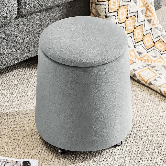 Storage Ottoman with Wheels 15W Swivel Rolling Foot Stool Boucle Terry Fabric Coffee Table Ottoman with Hidden Storage Round Vanity Stools for Makeup Room Living Room Bedroom Entryway Dorm Grey