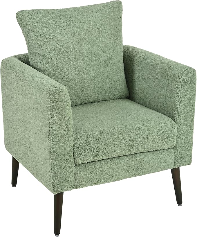 Modern Upholstered Accent Chair Mid-Century Lounge Armchair with Pillow Comfy Reading Side Accent Chairs Single Sofa Chair with Wood Legs for Living Room Bedroom (Green++Teddy)